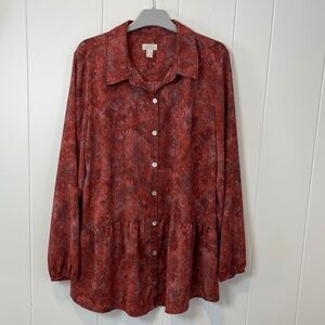 LOGO Button Down Crimson Long Sleeve Blouse sz L Peplum Boho Fluid Comfy Indie